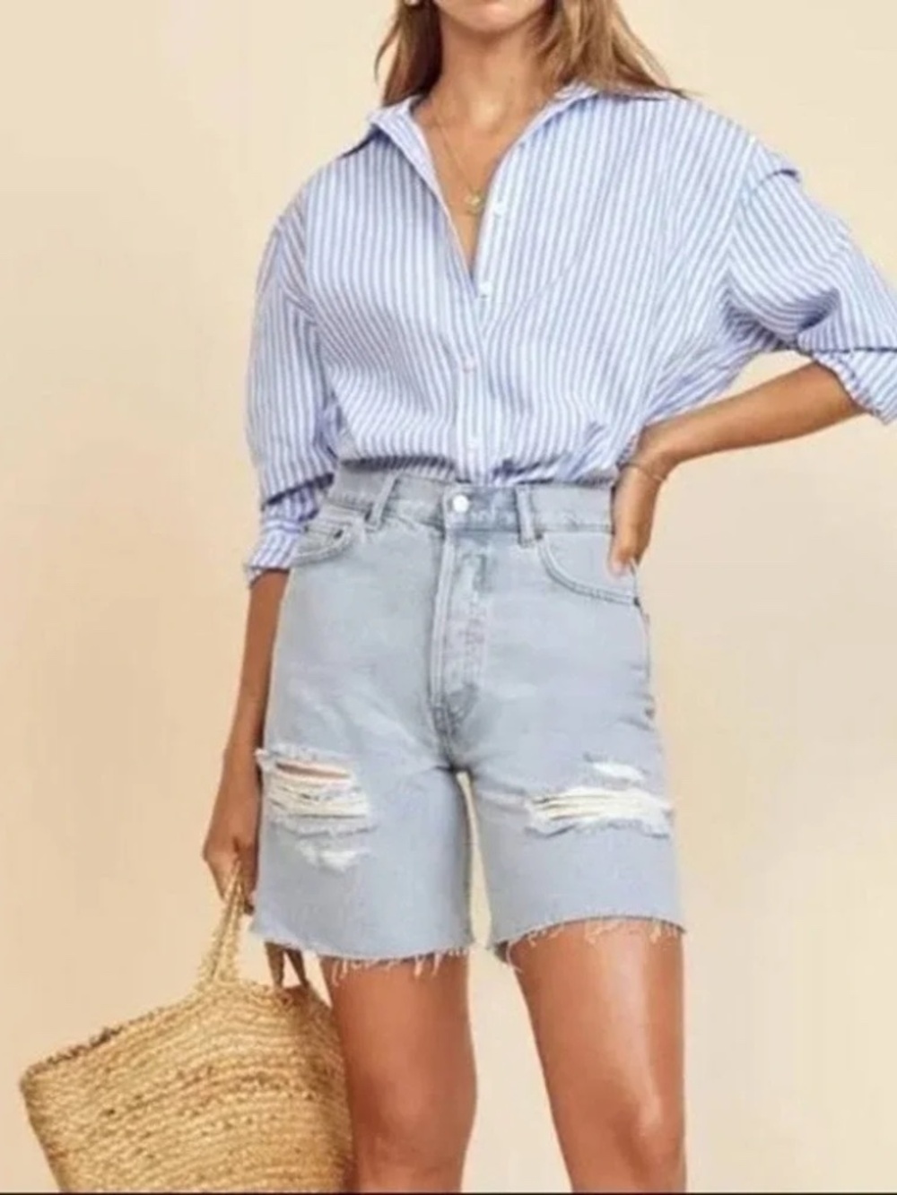 Reformation Max Mid Rise Relaxed Short Tahoe Destroyed Jean Shorts size 27
